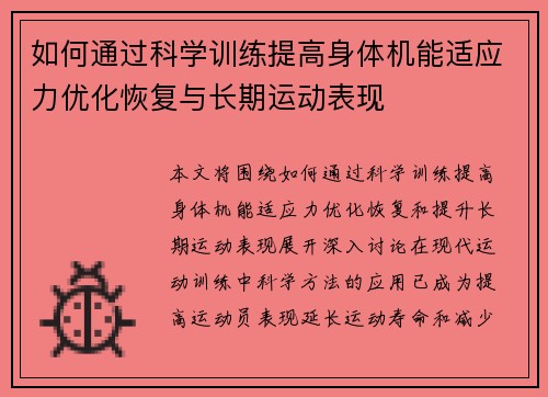 如何通过科学训练提高身体机能适应力优化恢复与长期运动表现